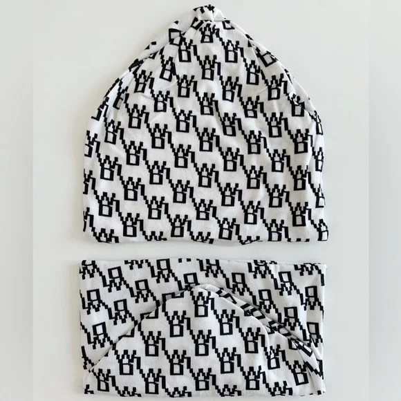 SOFT MONOGRAM KNIT BEANIE AND INFINITY NECK WARMER - WHITE BLACK PRINT 2 PIECE - Picture 3 of 8